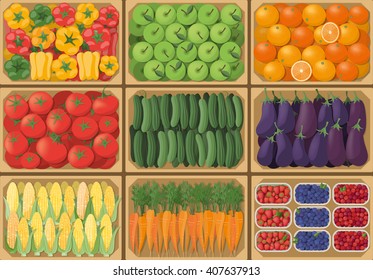 Vegetable crates at the farmers market, top view, harvest and healthy eating concept