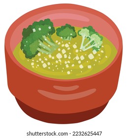 Vegetable cream soup with broccoli and cheese. Hand drawn vector illustration. Suitable for website, stickers, postcards.