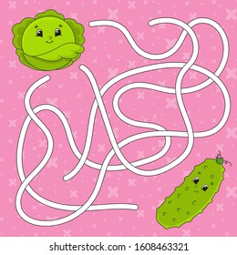 Vegetable cucumber, cabbage. Maze. Game for kids. Labyrinth conundrum. Education developing worksheet. Puzzle for children. Activity page. Cartoon character. Color vector illustration.