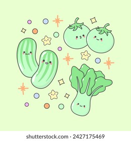 vegetable cucumber tomato lettuce pakchoy with cute facial expressions and pastel colour