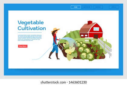 Vegetable cultivation landing page vector template. Website interface with flat illustrations. Vegetable crop farming & gardening homepage layout. Organic produce growing web banner, webpage cartoon