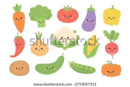 Vegetable cute fruit kawaii vegetables vector broccoli veggie and green cartoon character sticker with a flat illustration style for food art. Organic farming set with cabbage potato corn zucchini and funny tomato pastel drawings on a sweet background for kids. Happy pepper cauliflower garden plant mascot collection in a healthy childrens drawing.