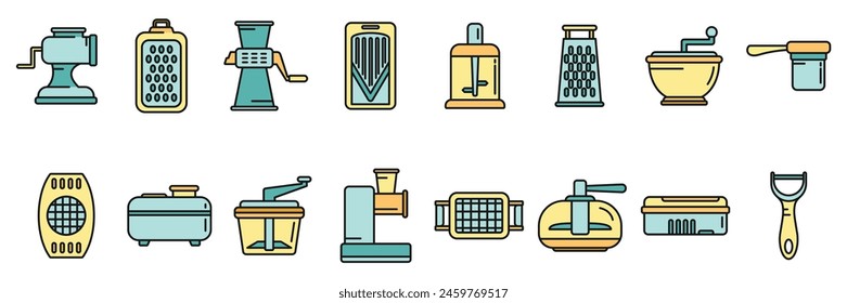 Vegetable cutter icons set outline vector. Chopper appliance. Cooking dicer thin line color flat on white