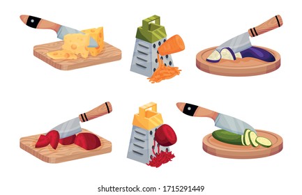 Vegetable Cutting with Knife and Grating with Grater Vector Set
