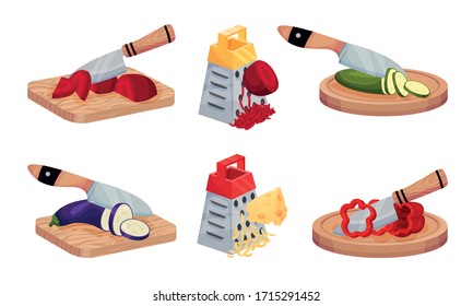 Vegetable Cutting with Knife and Grating with Grater Vector Set
