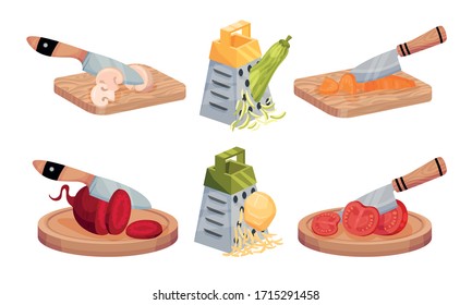 Vegetable Cutting with Knife and Grating with Grater Vector Set