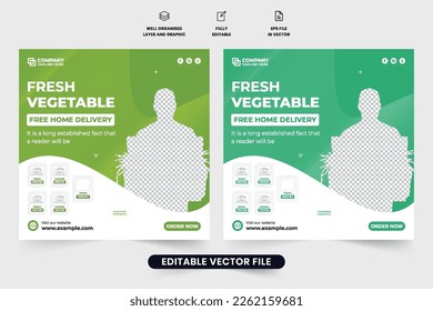 Entrega de vegetales, vector de medios sociales con marcadores de foto para supermercados. Diseño de plantillas promocionales de servicio de mensajería con color verde. Diseño de afiches de entrega de comida con marcadores de posición.