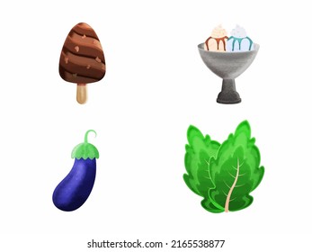 Vegetable And Dessert Crafting Food Element Set With Eggplant And Ice Cream.