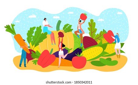 Vegetable diet food concept, vector illustration. People character in healthy lifestyle, fresh vegetarian nutrition. Organic cartoon fruit in man woman green meal, natural product design.