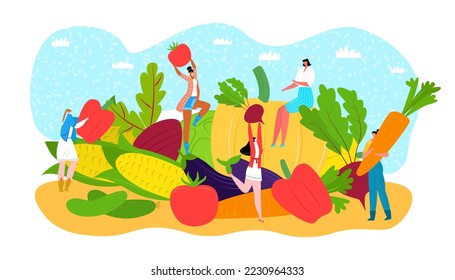 Vegetable diet food concept, vector illustration. People character in healthy lifestyle, fresh vegetarian nutrition. Organic cartoon fruit