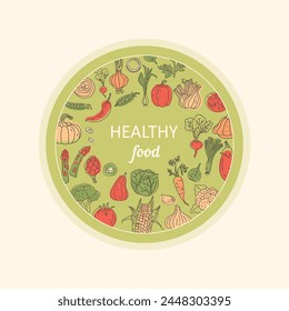 Garabatos vegetales, dibujados a mano. Anuncio de Web vegetal de forma redonda sobre fondo verde