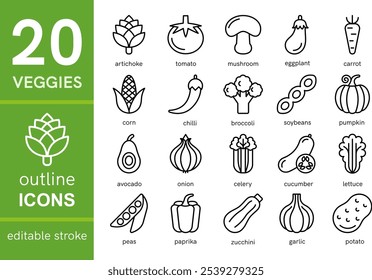 Vegetable editable stroke outline icons set. Minimal thin line style. Artichoke, tomato, mushroom, eggplant, carrot, corn, broccoli, soybeans, pumpkin, avocado, cucumber. Vector illustration