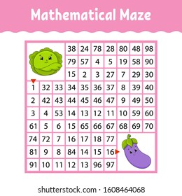 Vegetable eggplant, cabbage. Mathematical square maze. Game for kids. Number labyrinth. Education worksheet. Activity page. Puzzle for children. Cartoon characters. Color vector illustration.