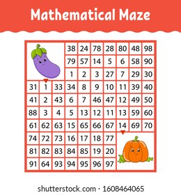 Vegetable eggplant, pumpkin. Mathematical square maze. Game for kids. Number labyrinth. Education worksheet. Activity page. Puzzle for children. Cartoon characters. Color vector illustration.