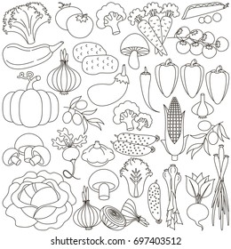 Vegetable elements set, collection of coloring book template, the group of outline digital elements vector illustration, kid game page.