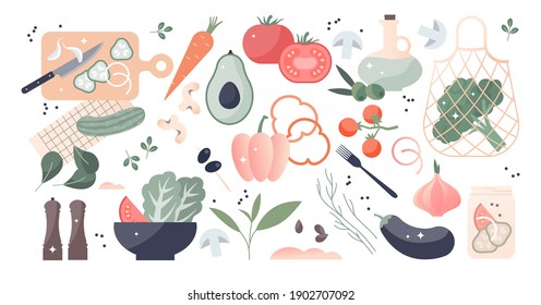 Vegetable elements set as isolated fresh and healthy food product objects. Organic nutrition assets and resources for cooking and meal preparation vector illustration. Colorful items for eating.