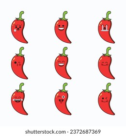 conjunto de iconos vectoriales de emoticonos vegetales. Pimentero de emoji con cara. Ilustración infantil de emojis lindos con diversas expresiones. Pimientos de chile, estilo de dibujos animados planos.