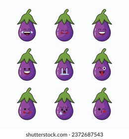 vegetable emoticon vector icon set. Cute emoji eggplant with face. Eggplant Illustration of cute emojis with various expressions. Eggplant, flat cartoon style.