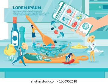 Gemüsegarantie, die aus der Handy-Anwendung mit dem Online-Markt fällt. Kleine Leute, die Salat in Bowl aus Tomate, Olivenöl, Gurken, Broccoli machen. Küchentisch. Illustration zur Bestellung der Vektorillustration von Produkten.