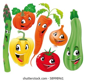 Vegetable family. Funny cartoon and vector isolated characters.