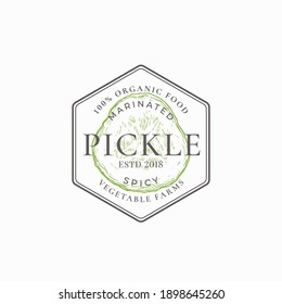 Vegetable Farm Frame Badge Or Logo Template. Hand Drawn Pickle Slice Sketch With Retro Typography And Borders. Vintage Premium Emblem. Isolated.