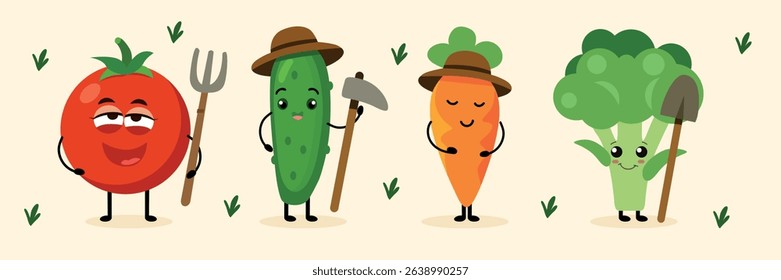 Vegetable farmer characters set with tomato, cucumber, carrot and broccoli in hats holding garden tools in flat cartoon style for poster, isolated on white background
