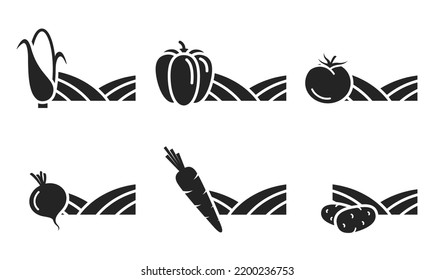 vegetable farming icon set. beetroot, potato, sweet pepper, tomato, carrots and corn fields. agriculture and harvest symbol. isolated vector images