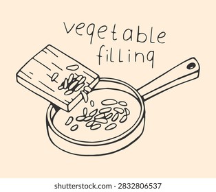 Vegetable filling: chopped vegetables slide from board into pan, dark graphite doodle on cream