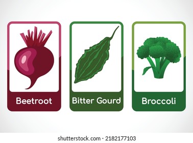 Vegetable flashcards for kids. Educational cards for preschool. Printable vector illustration