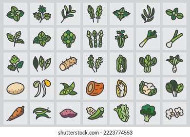 Vegetable flat color line color icons set.