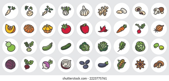 Vegetable flat color line color icons set.