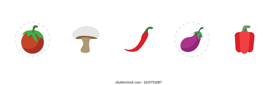 vegetable flat icon set with eggplant, pepper, champignon vector illustrations