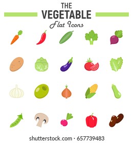 Vegetable flat icon set, food symbols collection, vegetarian vector sketches, logo illustrations, colorful solid pictograms package isolated on white background, eps 10.