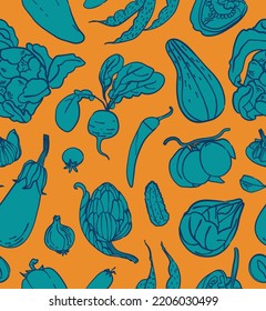 Vegetable flat vector seamless pattern on orange background. Harvest Pumpkin, plum, beans , beetroot, eggplant, pepper, cucumber and radish illustration for wallpaper, wrapping, textile