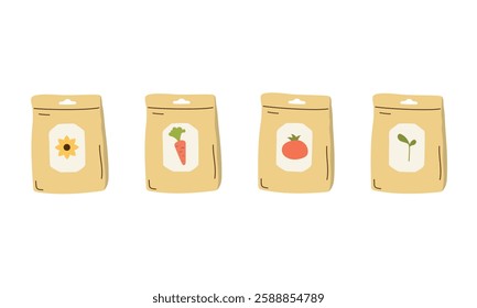 Vegetable or flower seeds packages collection. Isolated on white background. Clipart cartoon style. Packs of plant seeds.