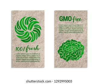 Vegetable flyers with salad leaves, cabbage. GMO free, 100% fresh lettering inscription. Kraft paper background. Healthy food, vegetarian, weight loss, low calorie ecology vector illustration. 