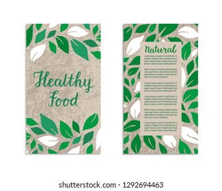 Vegetable flyers with salad leaves. Healthy food, Natural lettering inscription. Kraft paper background. Vegetarian, weight loss, low calorie ecology illustration. Eps 10 vector label set.