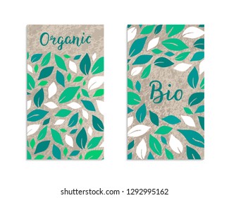 Vegetable flyers with salad leaves. Organic, Bio lettering inscription. Kraft paper background. Healthy food, vegetarian, weight loss, low calorie ecology illustration. Eps 10 vector label set.