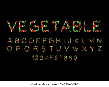 Vegetable font. Vegetarian alphabet. Letters from vegetable ABC. Corn and cucumber. Pepper and eggplant