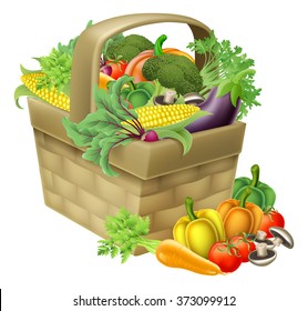 A vegetable food basket full of fresh produce and groceries