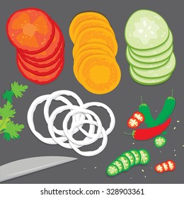 Vegetable food cook tomato onion carrot chili cucumber parsley fresh piece slice cartoon vector