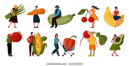 Vegetable food, diet fruit and berries icons. People health, vegan eco logo, vegetarian summer huge products, healthy tiny woman and man. Farm harvest. Vector current cartoon flat illustration