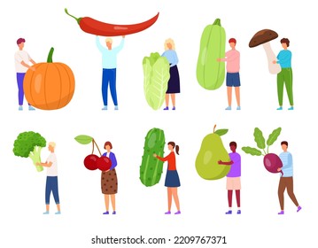 Vegetable food, diet fruit and vegetables icons. Man and women hold big products. People health, vegan eco logo, vegetarian summer, healthy characters. Vector nowaday illustration set