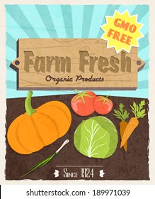 Vegetable food farm fresh retro poster gmo free organic products vector illustration