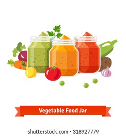 Vegetable food jars. Baby puree. Flat style vector cartoon illustration isolated on white background.