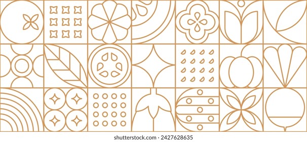 Vegetable food in modern line geometric pattern or mosaic tile, vector background. Vegetables pattern in thin line geometry with tomato, pumpkin and eggplant with zucchini in geometric outline tile