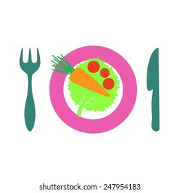 vegetable food on plate with fork and knife. Isolated on white background