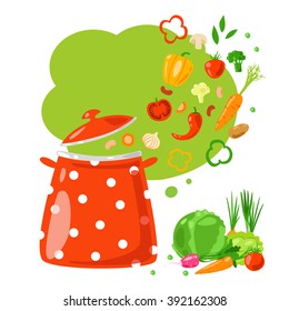 Vegetable food and saucepan.  Soup preparation. Vector healthy food. Flat. Ingredients.