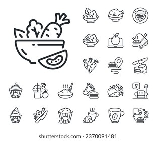 Vegetable food sign. Crepe, sweet popcorn and salad outline icons. Salad line icon. Healthy meal symbol. Salad line sign. Pasta spaghetti, fresh juice icon. Supply chain. Vector