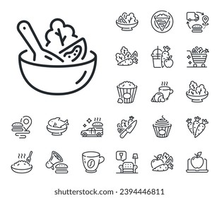 Vegetable food sign. Crepe, sweet popcorn and salad outline icons. Salad line icon. Healthy meal symbol. Salad line sign. Pasta spaghetti, fresh juice icon. Supply chain. Vector